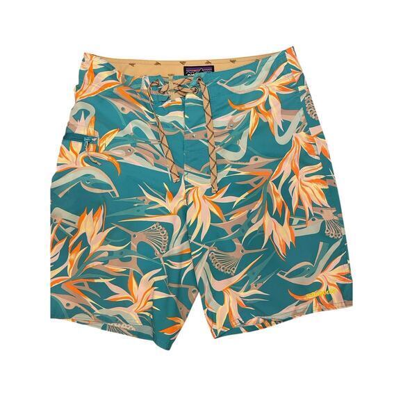 Patagonia Men 29 Board Shorts Swim Shorts Trunks Blue & Orange Hawaiian Tropical - Picture 1 of 9